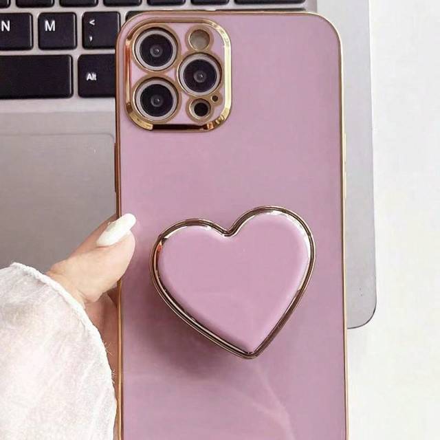 SHEIN Plated Heart Stand & Plated Phone Case, Compatible With IPhone 16e 15 14 13 12 11 XS XR X 7 8 Plus Pro Max Galaxy S25 S24U S23 A55 A54 A35 A25 A15, El