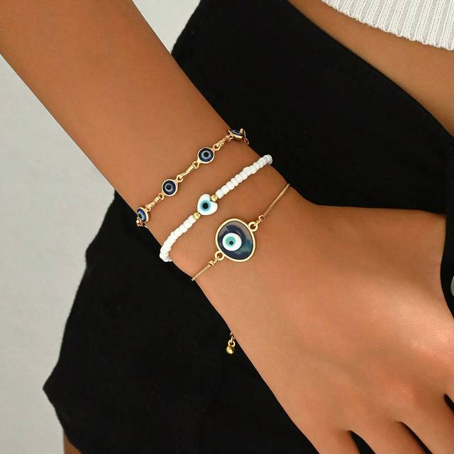 SHEIN 3pcs/Set Devil&#39;s Eye White Seed Bead Bracelet, Fashionable Vintage Zinc Alloy Handmade Jewelry, Suitable For Everyday & Party Wear, Birthday Gift For
