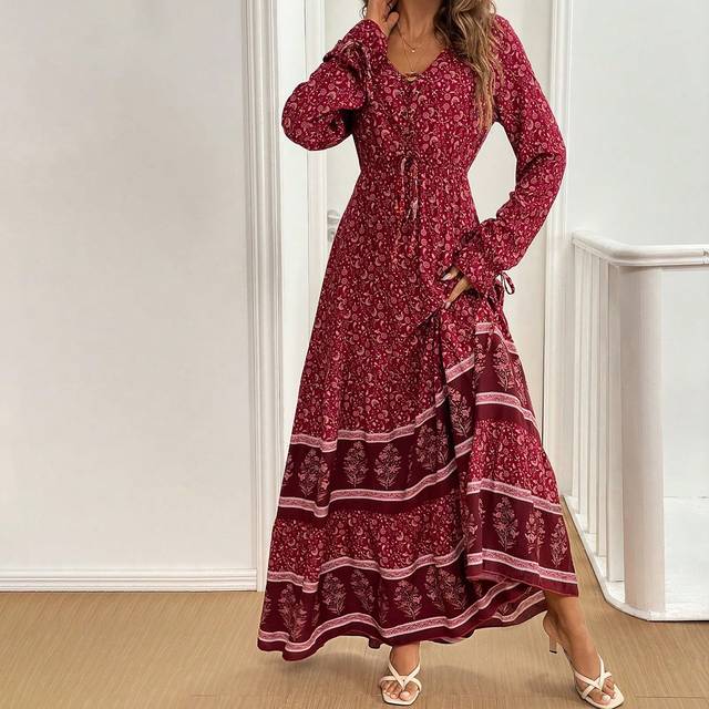 Mulvari Front Lace Up Long Sleeve Pleated All-Over Print Maxi Casual Dress For New Year Clothes