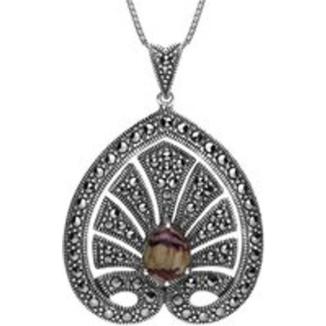 Sterling Silver Blue John Marcasite Style & Fashion Small Leaf Necklace - Silver