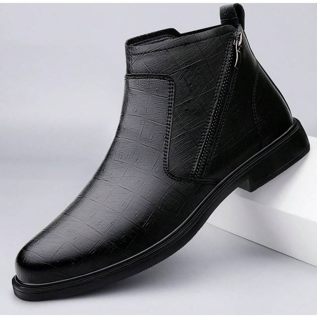 SHEIN Men&#39;s Chelsea Boots, Crocodile Embossed Pattern, Round Toe, Flat Bottom, Side Zipper, Mid-Top, Casual, Black