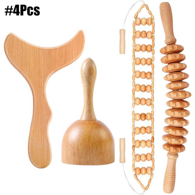 (a-4Pcs) Wood Therapy Massage Tools Body Shaping Wooden Massager Maderoterapia Set - Anti-Cellulite,Lymphatic Drainage,Muscle Pain Relief