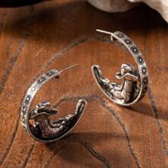 1 Par Retro Souther West Western Cowboy Hat Stövlar Design Hoop örhänge för kvinnor - Antikt Silver (En-Storlek)