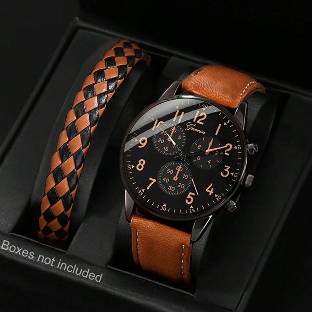 SHEIN Men&#39;s Watch 2 Pieces/Set Sports Ieisure Fashion Digital Round Dial Quartz Watch And PU Woven Wrap Wristband Suitable For Men Party,Holiday,Birthday We