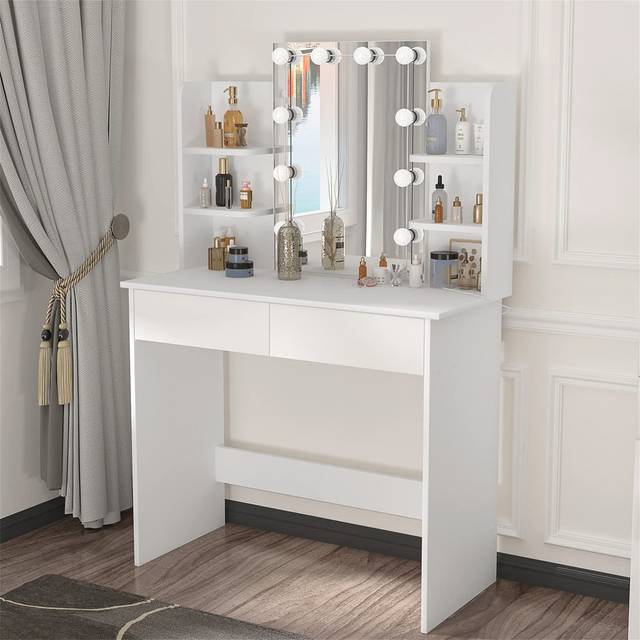 Dressing Table With LED Lights, Vanity Table With Adjustable Brightness Mirror, Makeup Desk With 2 Drawers And Open Shelves, Wooden Modern Bedroom Dre - White (135cm H X 90cm W X 40cm D)