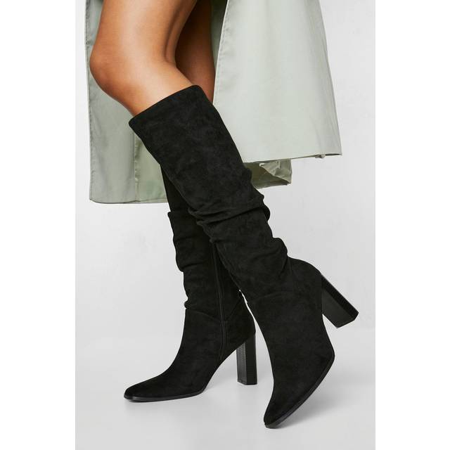Womens Faux Suede Ruched Block Heel Knee High Boot - Black - 8, Black