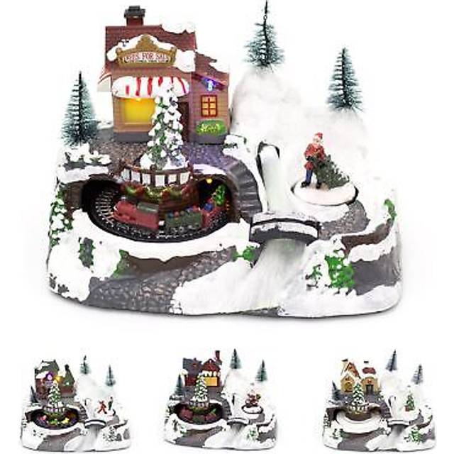Christmas Scene With Moving Train Xmas Model Village | Light Up LED Animated Christmas Village Ornament | Design Varies One Supplied