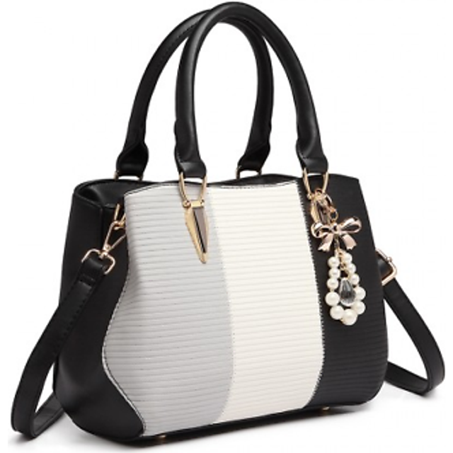 LG6866 - Miss Lulu Leather Look Colour Block Bow Pendant Handbag - Black