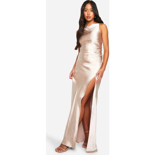 Womens Bridesmaid Satin Slash Neck Maxi Dress - Oyster - 18
