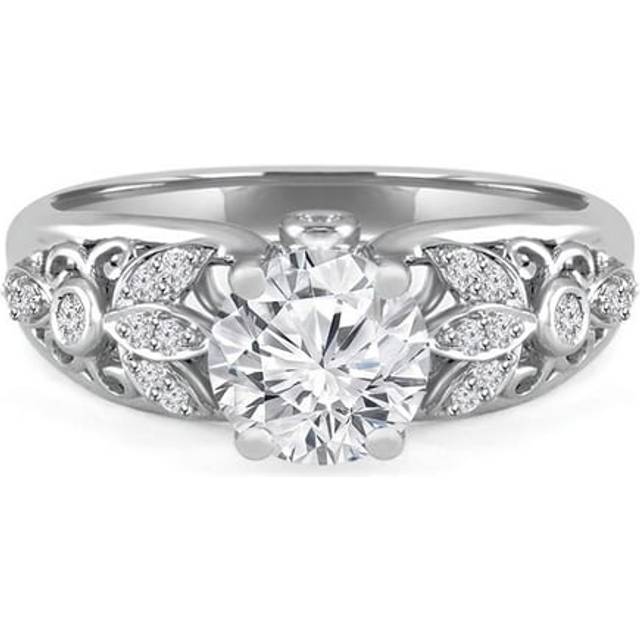 Majesty Diamonds MD240188-6 1.13 CTW Round Lab Created Diamond Vintage Floral Solitaire with Accents Engagement Ring in 14K White Gold - Size 6