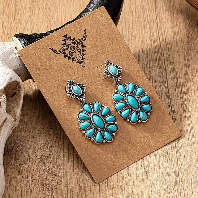 SHEIN 1 Pair Antique Silver Color Western Blue Turquoise Stone Decor Earring, Cowgirl Style Earrings Stud For Women