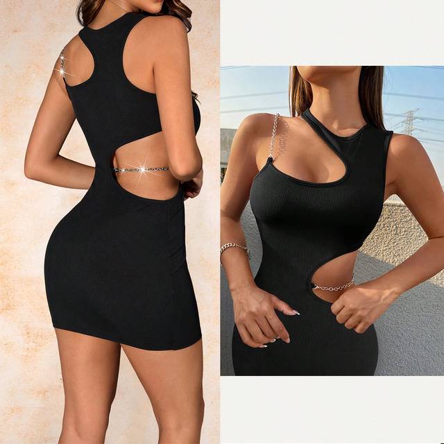 Allurite Black Sexy Hollowed-Out Asymmetrical Metal Chain Wrap Hip Women&#39;s Dress Party Holiday Glitter Theme Dress Minimalist Sexy For Fashion Elegant Charm, S