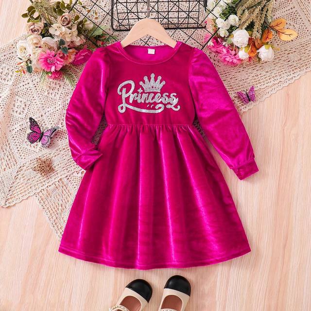 SHEIN Young Girl Luxury Velvet Sequin Embroidered Letter Long Sleeve Round Neck Princess Dress, Suitable For Holiday Party, Autumn