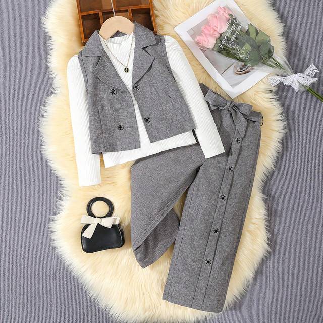 SHEIN 3pcs Young Girl Commuting Casual Ribbed Knit Top, Textured Fabric Vest, Button Decor Pants Set, Autumn/Winter