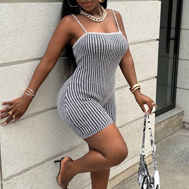 SHEIN Women Stripe Print Spaghetti Strap Backless Jumpsuit