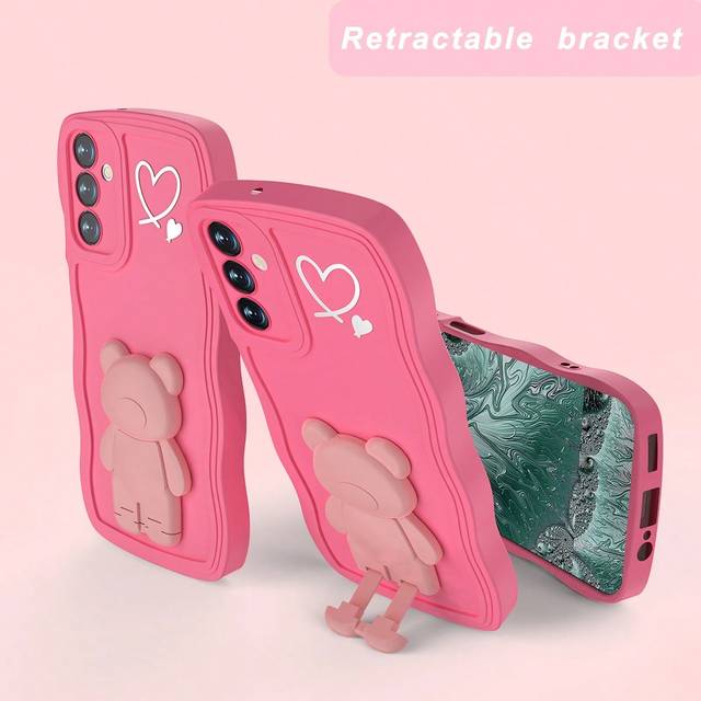 SHEIN 1PC Big Waves Solid Color Lens Full Protection Teddy Bear Stand Heart Phone Case Compatible With Samsung Galaxy S24/S23/S22 Plus/S24/S23/S22/S23 FE/A1