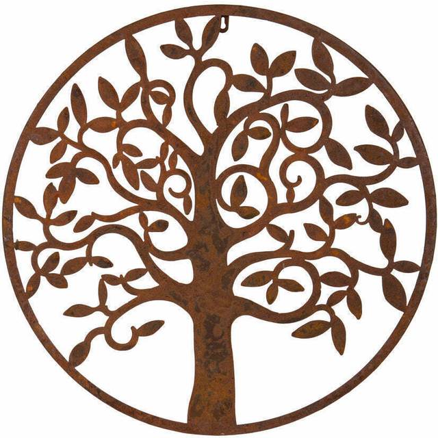 Rustic Round Steel Metal Garden Tree Wall Plaque 60cm Diameter - Brown - One Size