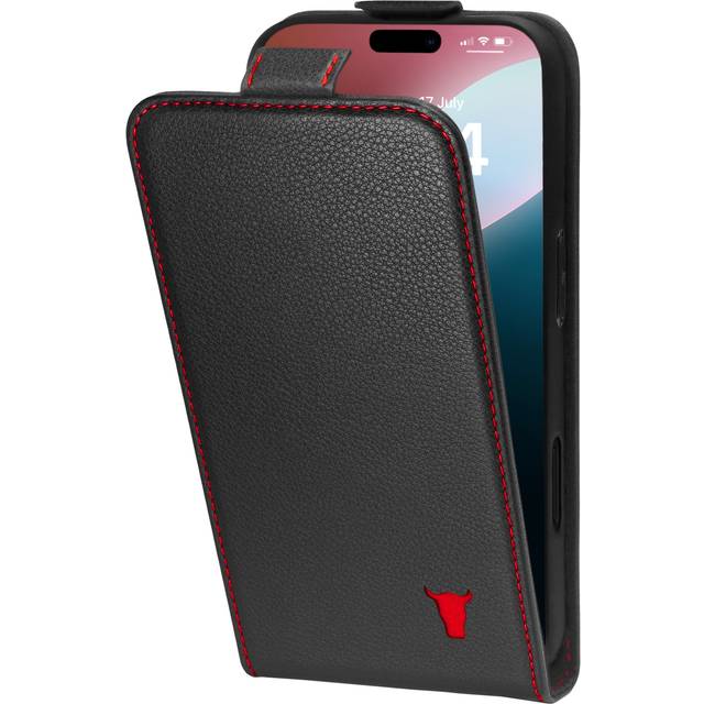 iPhone 16 Leather Flip Wallet Case (MagSafe Charging) - Black with Red Detail