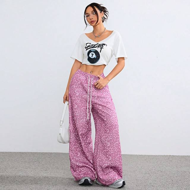 Coolane Women&#39;s Summer Y2K Music Festival Coque Leopard With Banded Texture Decoration Elastic Waistband Baggy Sweatpants