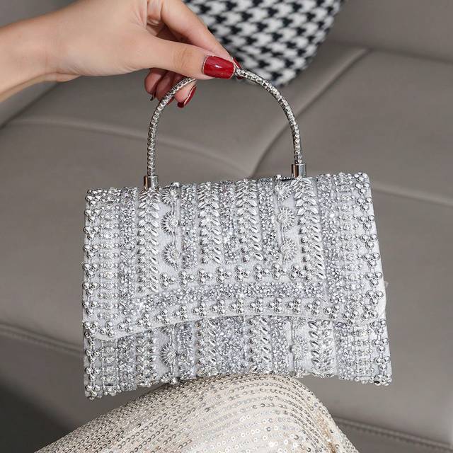 SHEIN Elegant Silver Sparkling Rhinestone Decor Party Clutch Handbag, Crystal Beaded Evening Bag For Women, Formal Occasions, Perfect For Party Wedding Prom