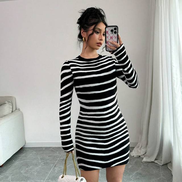 Chiquease Women&#39;s Crew Neck Long Sleeve Jacquard Color Block Striped Knit Sweater Dress, Autumn Winter