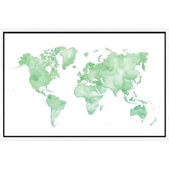Green Watercolor World Map by Blursbyai - Gallery Giclée - White Framed (152.5 cm H x 101.5 cm W)