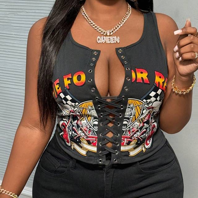 Slaydiva Plus Size Sexy Streetwear Crew Neck Front Tie Sleeveless Cropped Fitted Graphic Print Grey Summer Tank Top