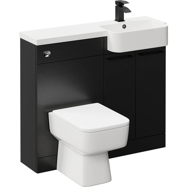 Napoli Combination Vanity Unit Toilet Suite with Right Hand Round Semi Recessed 1 Tap Hole Basin and 2 Doors with Matt Black Handles | Nero Oak | ABS Polished Chrome | 1000mm