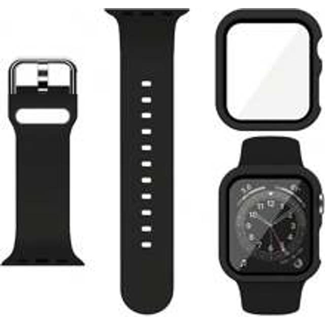 2 st/set svart mjukt silikon sportklockarmband + skärmskydd i härdat glas, klockfodral, bekvämt justerbart vattentätt armband kompatibelt med -serien (38mm,40mm,42mm,44mm,45mm,49mm,41mm,Serie 1/2/3 42mm,Serie 10 42mm,46 mm,Serie 10/11 42 mm)