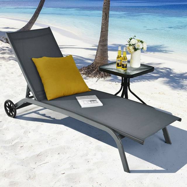 Adjustable Chaise Lounge with Smooth Wheels and Quick-drying Fabric-Black