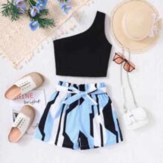 Teen Girl Knit Ribbed One Shoulder Crop Top & asymmetriskt tryckmönster Knyt-midja Shorts Casual 2st outfit - Multifärgad (14Y,13Y,16Y,15Y)
