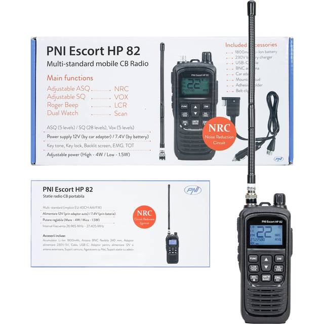 Hand-held cb radio pni hp 82, multi standard, 4w, 12v, am-fm, nrc, roger beep
