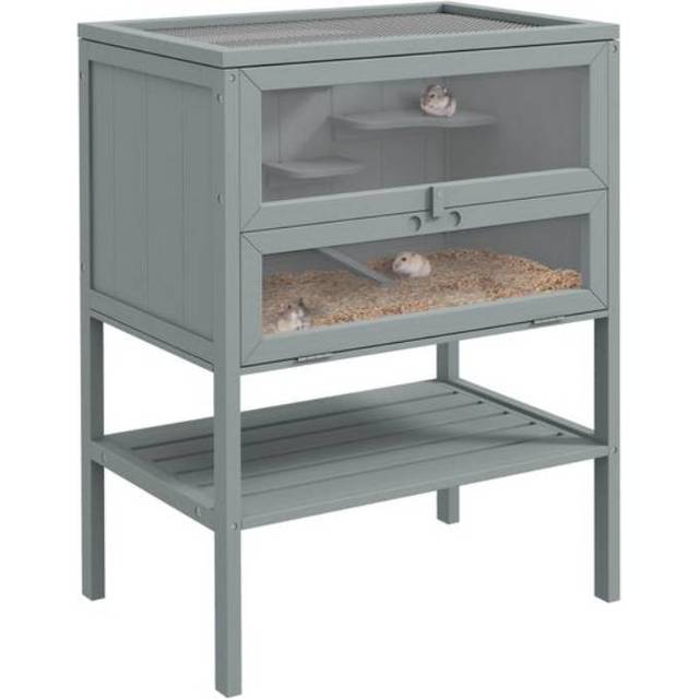 PawHut Wooden Hamster Cage w/ Storage Shelf - Openable Top for Gerbils - Grey | TJ Hughes