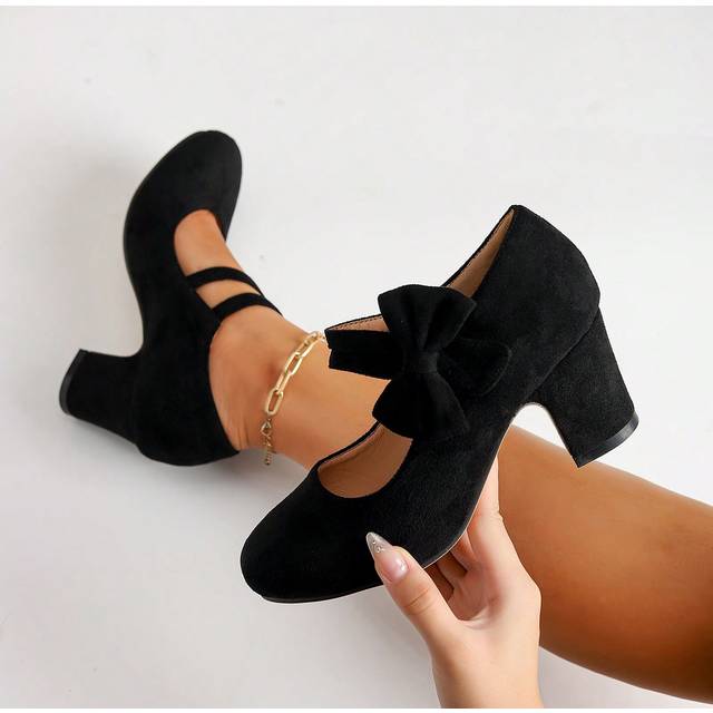 SHEIN Autumn/Winter Wedding Casual Fashion High Heel Mary Jane T-Strap Buckle Chunky Heel Pumps, Velvet Formal Commute Office Work Shoes, Black Outdoor Wome