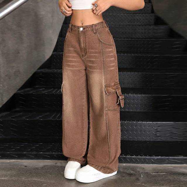 SHEIN Teen Girls&#39; Y2K Casual Vintage Wash Brown Denim Wide Leg Cargo Pants, Girl Fall And Winter Denim Jeans Clothes