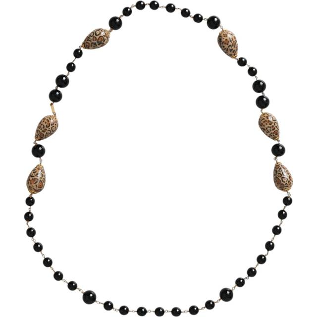 Gold Tone Brass Black Printed Beaded Long Chain Necklace