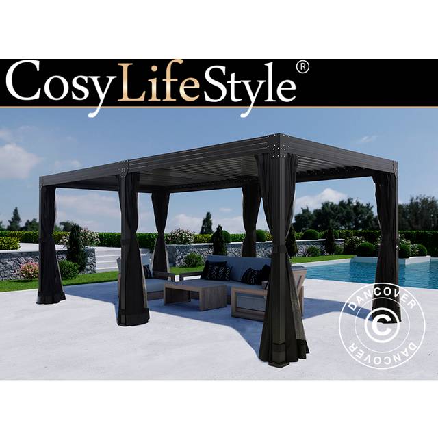 Bioclimatic pergola gazebo Monterey, 3x6 m, w/curtains and
