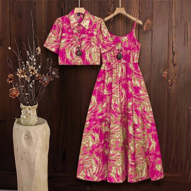 SHEIN 2pcs Women&#39;s Vacation Casual Tie Dye Slip Dress With Short Sleeve Button-Up Shirt Set