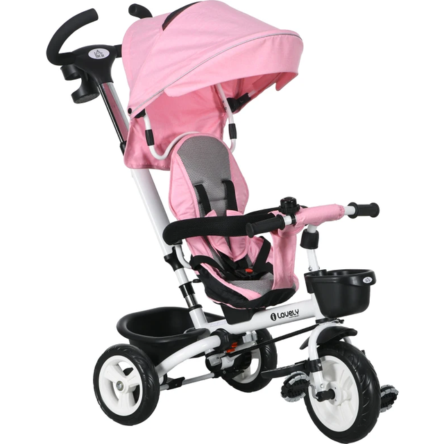 Homcom Metal Frame 4 In 1 Baby Push Tricycle With Parent Handle For 1-5 Years Old, Pink