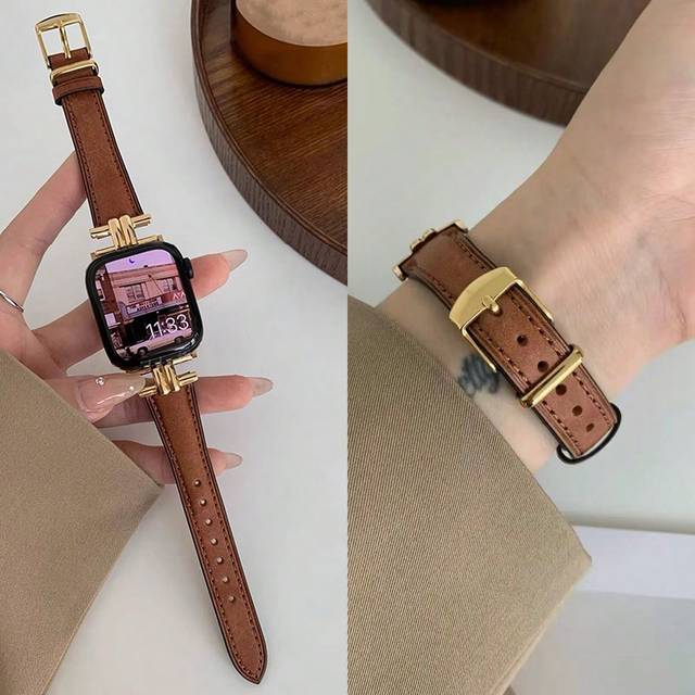 SHEIN 1pc Brown Vintage Full Grain Soft Leather Watch Band With Gold Metal Decor, Fits For Ultra 2 1 SE S9/8/7/6/5/4/3/2/1 Series Smartwatches 38mm 40mm 41m