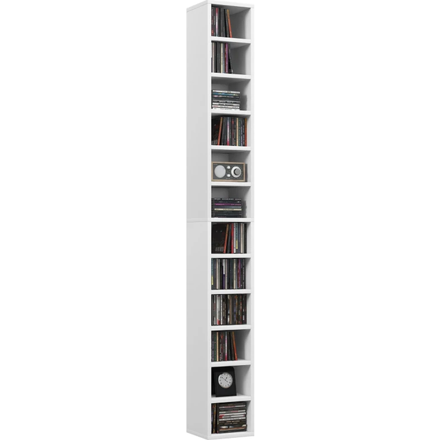 Homcom 204 Cd Storage Unit, Dvd Storage Tower With 12 Cubes, 175cm Tall Bookcase, Study Room, White