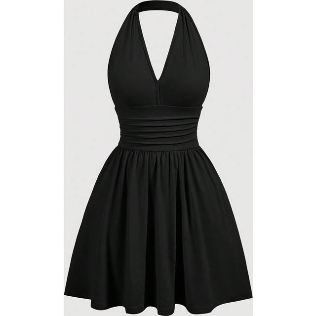 SHEIN Summer Solid Color Halter Neck Backless V-Neckline Cinching Waist Dress,Sun Dress,Summer Dresses For Women