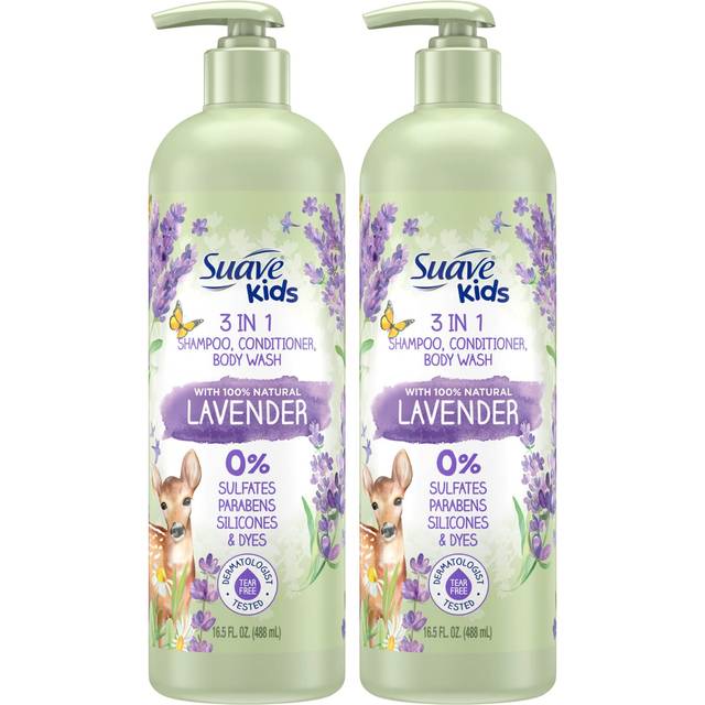 Suave Kids 3-in-1 Shampoo with 100% Natural Lavender - Tear-Free Kids Shampoo and Conditioner  Body Wash for Kids  16.6 Fl Oz