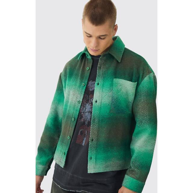 Mens Green Regular Fit Brushed Check Overshirt