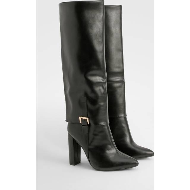 Womens Wide Fit Fold Over Buckle Detail Pointed Knee High Boots - Black - 7, Black