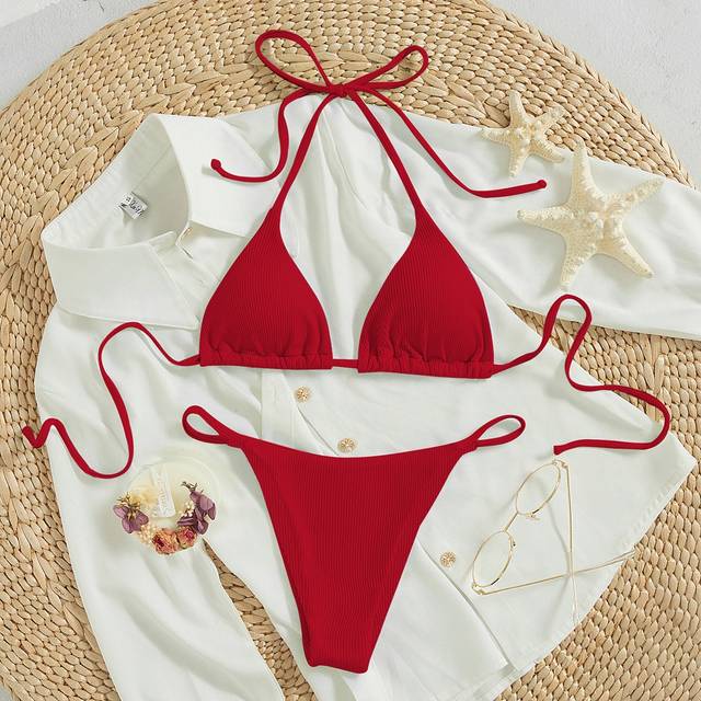 SHEIN 2022 Vacation Beach Minimalist Solid Color Bikini Summer