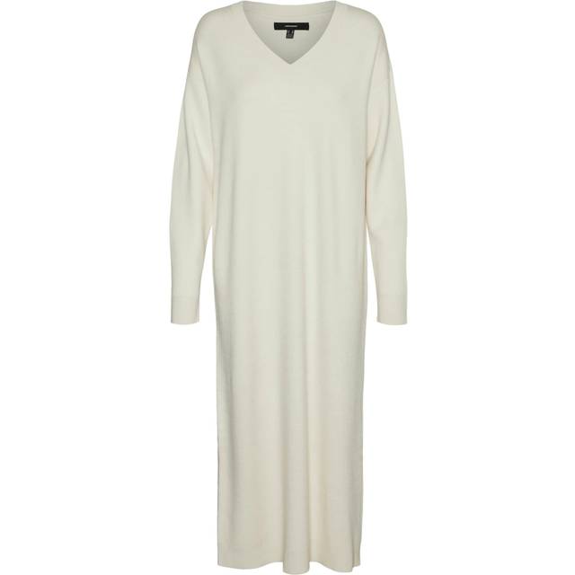 Vero Moda – Premium – Gräddvit, stickad midiklänning med v-ringning-Vit/a
