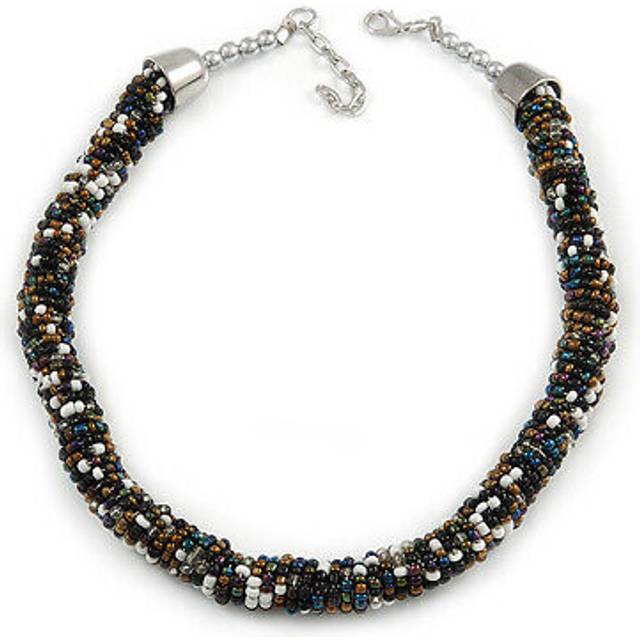 Statement chunky black/ white/ bronze/ peacock glass bead collar style necklace