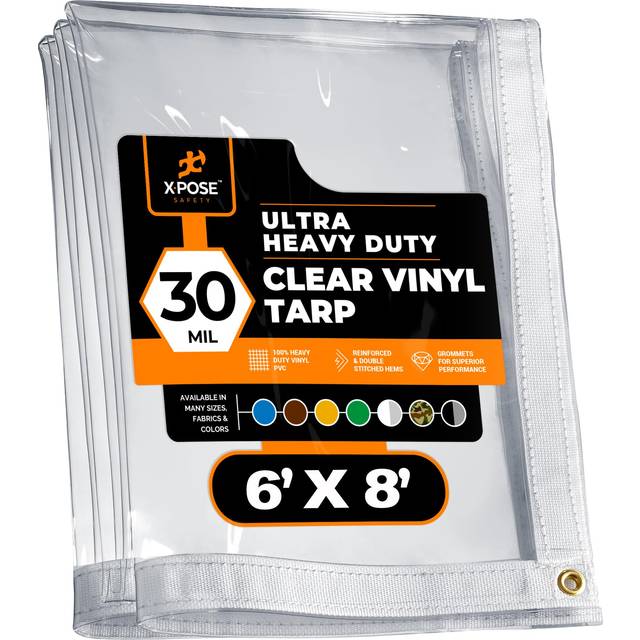 6' x 8' Clear Vinyl Tarp - 30 Mil Super Heavy Duty Transparent Waterproof PVC Tarpaulin with Brass Grommets - for Patio Enclosure  Temporary Wall  Cam