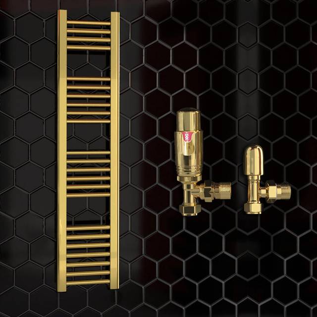 (400 x 1200 mm (h), With TRV Angled Valves) 400mm Wide Gold Heated Bathroom Towel Rail Radiator With Valves For Central Heating UK